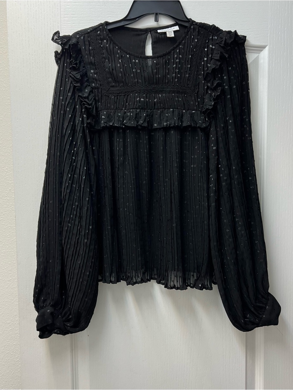 TopShop Black Pleated Ruffle Long Sleeve Blouse Sz 12